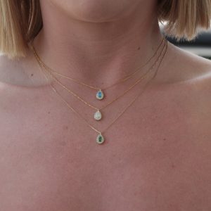 Κολιέ Χρυσό Κ14 Δάκρυ Με Γαλάζια Πέτρα Ζιργκόν Στο Κέντρο & Λευκές Περιμετρικά MSK-22979Y