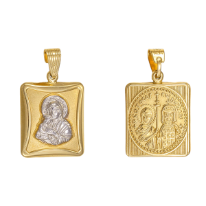 Φυλαχτό Διπλής Όψης Χρυσό 14Κ  Με Λευκόχρυση Την Παναγία Στην Μία & Κωνσταντινάτο Στην Άλλη Όψη MKP-22639Y
