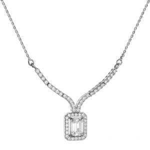 Εντυπωσιακό Κολιέ Λευκόχρυσο Κ14 Με Λευκές Πέτρες Ζιργκόν & Τελείωμα Με Ορθογώνια Ροζέτα MSK-22839W