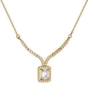 Εντυπωσιακό Κολιέ Χρυσό Κ14 Με Λευκές Πέτρες Ζιργκόν & Τελείωμα Με Ορθογώνια Ροζέτα MSK-22839Y