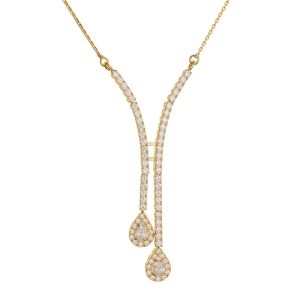 Εντυπωσιακό Κολιέ Χρυσό Κ14 Με Ασύμετρο Σχέδιο Με Λευκές Πέτρες Ζιργκόν & Δάκρυα Στο Τελείωμα MSK-22837Y