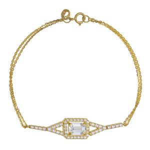 Βραχιόλι Χρυσό Γυναικείο Κ14 Με Ροζέτα Τετράγωνη Στο Κέντρο & Λευκές Πέτρες Ζιργκόν MSV-22838Y