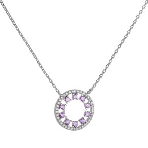 Κολιέ Ασημένιο 925 Κύκλος Με Μοβ Στρόγγυλες Πέτρες Ζιργκόν Στο Εσωτερικό & Λευκές Περιμετρικά ASZ-22756W