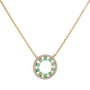 Κολιέ Ασημένιο 925 Επιχρυσωμένο Κύκλος Με Πράσινες Στρόγγυλες Πέτρες Ζιργκόν Στο Εσωτερικό & Λευκές Περιμετρικά ASZ-22754Y