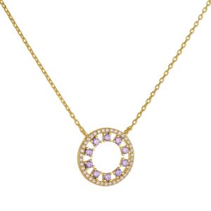 Κολιέ Ασημένιο 925 Επιχρυσωμένο Κύκλος Με Μοβ Στρόγγυλες Πέτρες Ζιργκόν Στο Εσωτερικό & Λευκές Περιμετρικά ASZ-22756Y