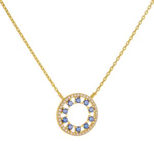 Κολιέ Ασημένιο 925 Επιχρυσωμένο Κύκλος Με Μπλε Στρόγγυλες Πέτρες Ζιργκόν Στο Εσωτερικό & Λευκές Περιμετρικά ASZ-22755Y
