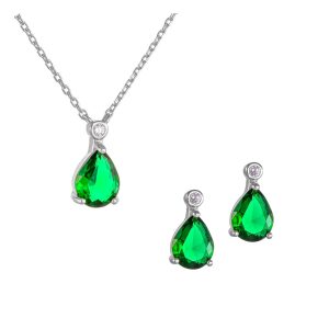 Σετ Ασημένιο 925 Αποτελούμενο Από Κολιέ & Σκουλαρίκια Με Πράσινες Πέτρες Ζιργκόν Σε Σχήμα Δάκρυ SET-22913W