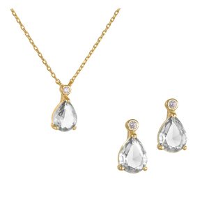 Σετ Ασημένιο 925 Επιχρυσωμένο Αποτελούμενο Από Κολιέ & Σκουλαρίκια Με Λευκές Πέτρες Ζιργκόν Σε Σχήμα Δάκρυ SET-22914Y