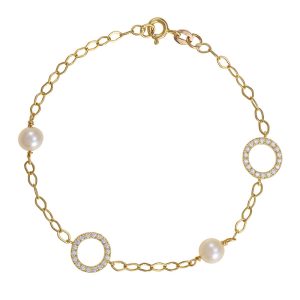 Βραχιόλι Γυναικείο Χρυσό Κ14 Με Κύκλους Με Λευκές Πέτρες Ζιργκόν & Μαργαριτάρια (5,5mm-6mm) IPV-22958Y