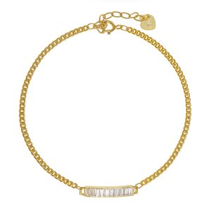 Βραχιόλι Ασημένιο 925 Επιχρυσωμένο Με Μπάρα Με Λευκές Πέτρες Ζιργκόν Σε Κοπή Baquette PSS-22804Y