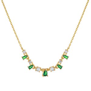 Κολιέ Ασημένιο 925 Επιχρυσωμένο Με Πράσινες Πέτρες Ζιργκόν Σε Σχήμα Δάκρυ & Λευκές Στρόγγυλες ASZ-22739Y