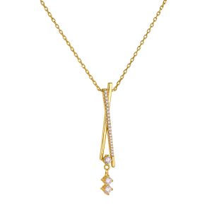 Κολιέ Ασημένιο 925 Επιχρυσωμένο Με Ιδιαίτερο Σχεδιασμό Διπλή Μπάρα Λουστρέ & Λευκές Πέτρες Ζιργκόν ASZ-22723Y