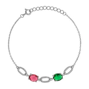 Βραχιόλι Ασημένιο 925 Με Πράσινη & Κόκκινη Οβάλ Πέτρες Ζιργκόν & Οβαλ Καστόνια Με Λευκές Πέτρες ASZ-22780W