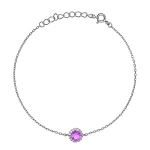 Βραχιόλι Ασημένιο 925 Minimal Στρόγγυλη Ροζέτα Με Μοβ Πέτρα Ζιργκόν Στο Κέντρο & Λευκές Περιμετρικά ASZ-22763W