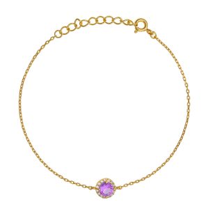 Βραχιόλι Ασημένιο 925 Επιχρυσωμένο Minimal Στρόγγυλη Ροζέτα Με Μοβ Πέτρα Ζιργκόν Στο Κέντρο & Λευκές Περιμετρικά ASZ-22763Y