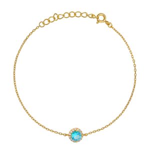Βραχιόλι Ασημένιο 925 Επιχρυσωμένο Minimal Στρόγγυλη Ροζέτα Με Γαλάζια Πέτρα Ζιργκόν Στο Κέντρο & Λευκές Περιμετρικά ASZ-22761Y