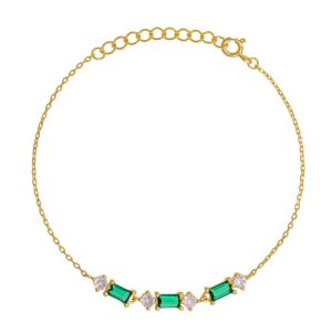 Γυναικείο Βραχιόλι Ασημένιο 925 Επιχρυσωμένο Με Πράσινες Πέτρες Ζιργκόν Σε Κοπή Baquette & Λευκές Στρόγγυλες ASZ-22721Y