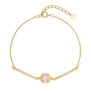 Εντυπωσιακό Γυναικείο Βραχιόλι Ασημένιο 925 Επιχρυσωμένο Με Τετράγωνη Ροζέτα Με Στρόγγυλες Λευκές Πέτρες Ζιργκόν PSS-200802Y