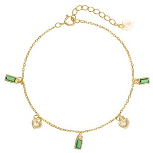 Γυναικείο Βραχιόλι Ασημένιο 925 Επιχρυσωμένο Με Κρεμαστές Καρδιές & Πράσινες Πέτρες Ζιργκόν Σε Κοπή Baquette PSS-20807Y