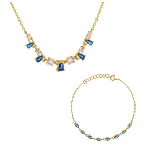 Σετ Ασημένιο 925 Επιχρυσωμένο Αποτελούμενο Από Κολιέ & Βραχιόλι Με Μπλε & Λευκές Πέτρες Ζιργκόν SET-22909Y