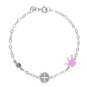 Βραχιόλι Ασημένιο 925 Με Κωνσταντινάτο , Κορώνα Με Ροζ Σμάλτο Και Ματάκι TGS-21986W