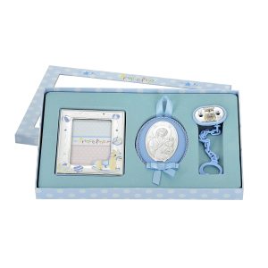 Σετ Παιδικό Με Οβάλ Εικόνα, Κορνίζα Με Παράσταση Αλογάκι & Πιπιλοπιάστρα Με Αρκουδάκι Σε Μπλε Χρώμα  PRB-23067C