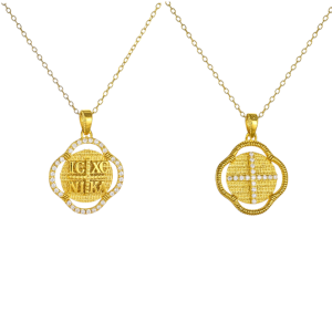 Φυλαχτό Διπλής Όψης Με Αλυσίδα Χρυσό Κ14  Κωνσταντινάτο Με Λευκές Πέτρες Ζιργκον Περιμετρικά AFK-23136YAL