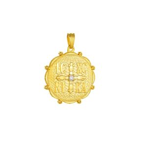 Φυλαχτό Διπλής Όψης Διάμετρος 20mm Χρυσό Κ14 Κωνσταντινάτο IC XC NI KA Με Λευκές Πέτρες Ζιργκον AFK-23131Y