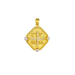 Φυλαχτό Διπλής Όψης Χρυσό Κ14 Κωνσταντινάτο IC XC NI KA Με Μαργαριτάρια & Λευκές Πέτρες Ζιργκον AFK-23135Y