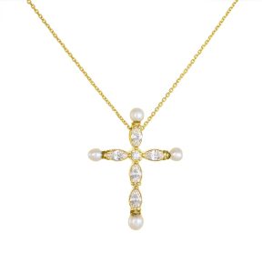 Σταυρός Γυναικείος Χρυσός 14Κ Με Λευκές Πέτρες Ζιργκόν & Μαργαριτάρια AFS-23133Y