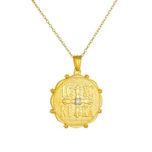 Φυλαχτό Με Αλυσίδα Διπλής Όψης Διάμετρος 20mm Χρυσό Κ14 Κωνσταντινάτο IC XC NI KA Με Λευκές Πέτρες Ζιργκον AFK-23131YAL