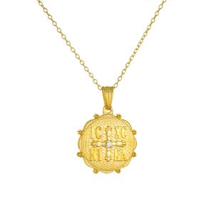 Φυλαχτό Με Αλυσίδα Διπλής Όψης Διάμετρος 15mm Χρυσό Κ14  Κωνσταντινάτο IC XC NI KA Με Λευκές Πέτρες Ζιργκον AFK-23132YAL