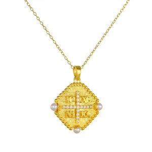 Φυλαχτό Διπλής Όψης Με Αλυσίδα Χρυσό Κ14 Κωνσταντινάτο IC XC NI KA Με Μαργαριτάρια & Λευκές Πέτρες Ζιργκον AFK-23135YAL