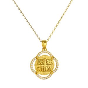 Φυλαχτό Διπλής Όψης Με Αλυσίδα Χρυσό Κ14  Κωνσταντινάτο Με Λευκές Πέτρες Ζιργκον Περιμετρικά AFK-23136YAL