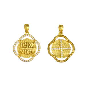 Φυλαχτό Διπλής Όψης Χρυσό Κ14  Κωνσταντινάτο Με Λευκές Πέτρες Ζιργκον Περιμετρικά AFK-23136Y