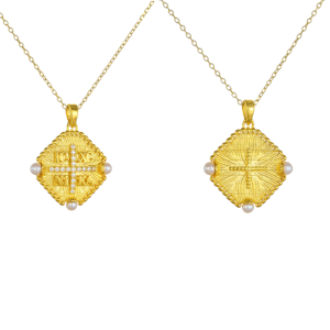 Φυλαχτό Διπλής Όψης Με Αλυσίδα Χρυσό Κ14 Κωνσταντινάτο IC XC NI KA Με Μαργαριτάρια & Λευκές Πέτρες Ζιργκον AFK-23135YAL