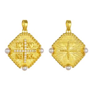 Φυλαχτό Διπλής Όψης Χρυσό Κ14 Κωνσταντινάτο IC XC NI KA Με Μαργαριτάρια & Λευκές Πέτρες Ζιργκον AFK-23135Y