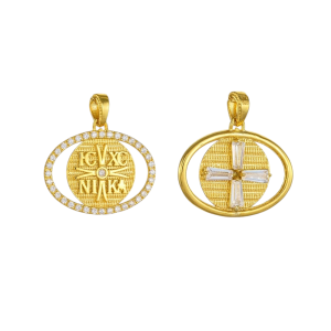 Φυλαχτό Διπλής Όψης Χρυσό Κ14  Κωνσταντινάτο IC XC NI KA Με Λευκές Πέτρες Ζιργκον Περιμετρικά AFK-23134Y