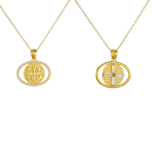 Φυλαχτό Με Αλυσίδα Διπλής Όψης Χρυσό Κ14  Κωνσταντινάτο IC XC NI KA Με Λευκές Πέτρες Ζιργκον Περιμετρικά AFK-23134YAL