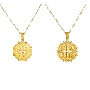 Φυλαχτό Με Αλυσίδα Διπλής Όψης Διάμετρος 15mm Χρυσό Κ14  Κωνσταντινάτο IC XC NI KA Με Λευκές Πέτρες Ζιργκον AFK-23132YAL