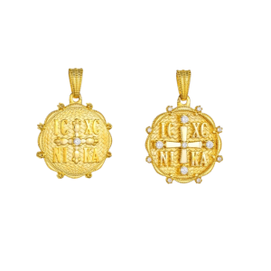 Φυλαχτό Διπλής Όψης Διάμετρος 15mm Χρυσό Κ14  Κωνσταντινάτο IC XC NI KA Με Λευκές Πέτρες Ζιργκον AFK-23132Y