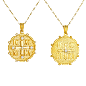 Φυλαχτό Με Αλυσίδα Διπλής Όψης Διάμετρος 20mm Χρυσό Κ14 Κωνσταντινάτο IC XC NI KA Με Λευκές Πέτρες Ζιργκον AFK-23131YAL