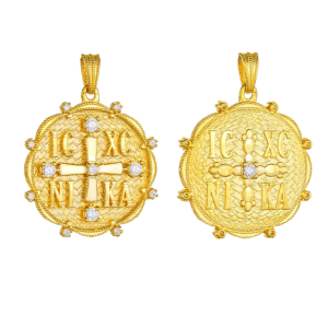 Φυλαχτό Διπλής Όψης Διάμετρος 20mm Χρυσό Κ14 Κωνσταντινάτο IC XC NI KA Με Λευκές Πέτρες Ζιργκον AFK-23131Y