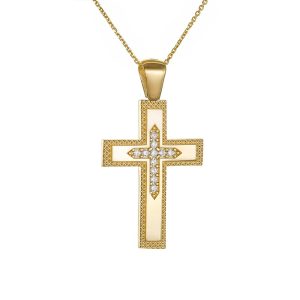 Σταυρός Με Αλυσίδα Γυναικείος Χρυσός 14Κ Mε Λευκές Πέτρες Ζιργκόν TXS-23178Y
