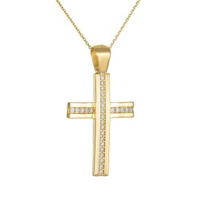 Σταυρός Με Αλυσίδα Γυναικείος Χρυσός 14Κ Mε Λευκές Πέτρες Ζιργκόν TXS-23183Y