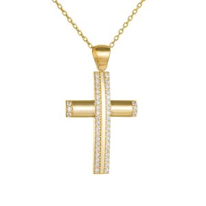 Σταυρός Με Αλυσίδα Γυναικείος Χρυσός 14Κ Mε Λευκές Πέτρες Ζιργκόν TXS-23182Y