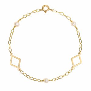 Βραχιόλι Χρυσό 14K Γυναικείο Με Λευκά Μαργαριτάρια & Ρόμβους IPV-23159Y