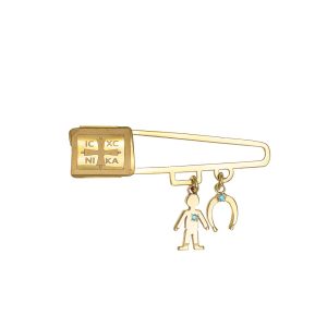 Παραμάνα Παιδική Χρυσή 9Κ Με Αγοράκι & Πέταλο Με Μπλε Πέτρες Ζιργκόν KBP-23097Y