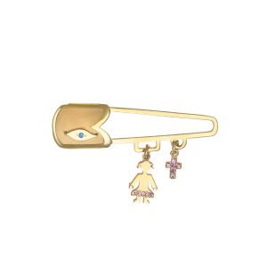 Παραμάνα Παιδική Χρυσή 9Κ Με Κοριτσάκι & Σταυρό Με Ροζ Πέτρες Ζιργκόν KBP-23100Y