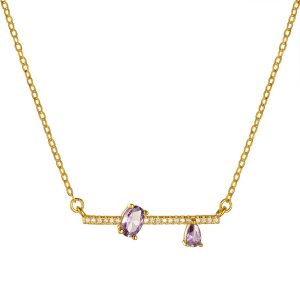 Κολιέ Ασημένιο 925 Επιχρυσωμένο Μπάρα Με Στρόγγυλες Λευκές Πέτρες Ζιργκόν & Μοβ Σε Σχήμα Οβάλ Και Δάκρυ ASZ-24036W